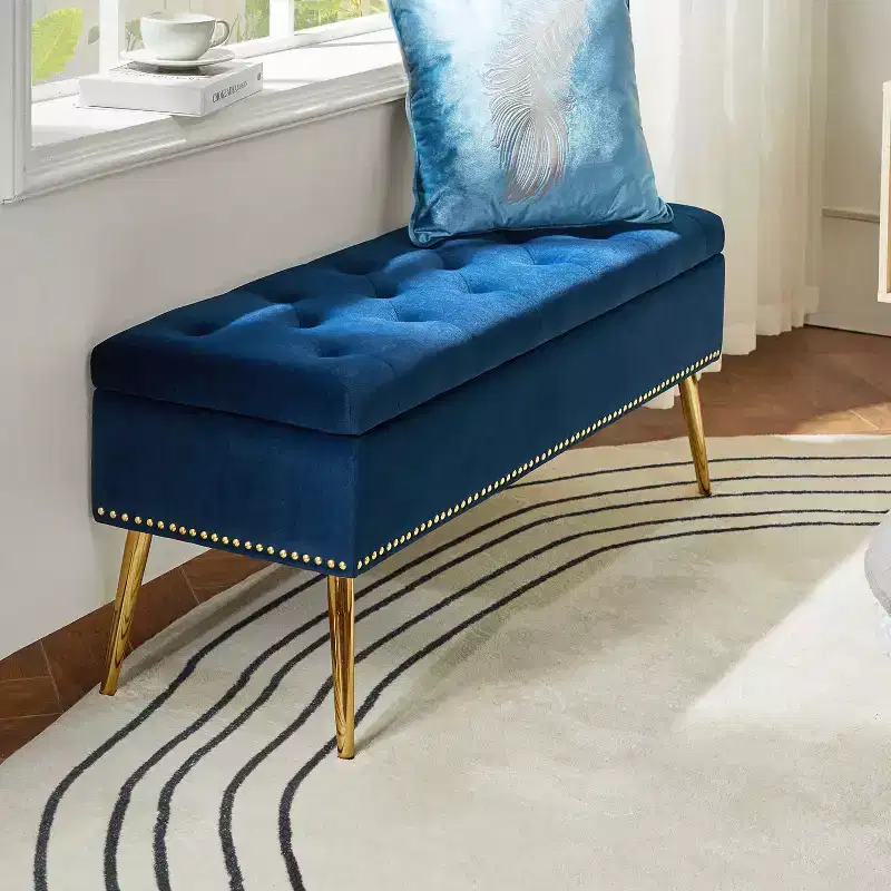 Storage Bench with Nailhead Trim and Button-Tufted Seat - Black