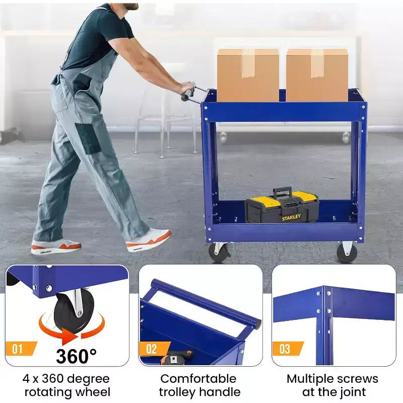 2 Tier Rolling Tool Cart 330 LBS, 2 Shelf Steel Utility Cart, Metal Utility Cart On Wheels for Garage, Workshop, Repair Shop