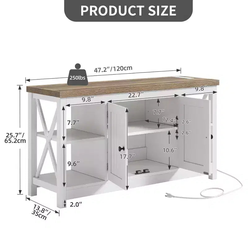 Farmhouse TV Stand for 55 Inch TV, Entertainment Center with Power Outlet & Adjustable Shelves, TV Media Console Table for Living Room