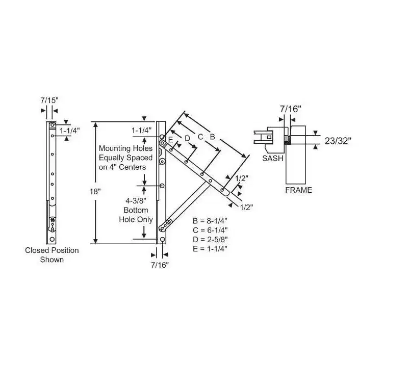 Brixwell Concealed Awning Hinge, Metal Material, 18 Hinge Length, Right Hand, 38 Lbs Maximum Sash Weight, E-Gard Finish
