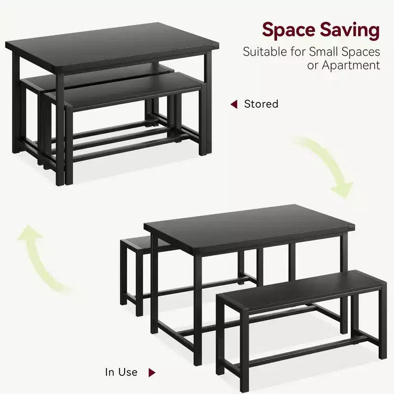 3-Piece Dining Table Set for 4 with 2 Benches, Kitchen Table with Corner Protectors, H-Shaped Frame, Compact for Apartments & Small Spaces