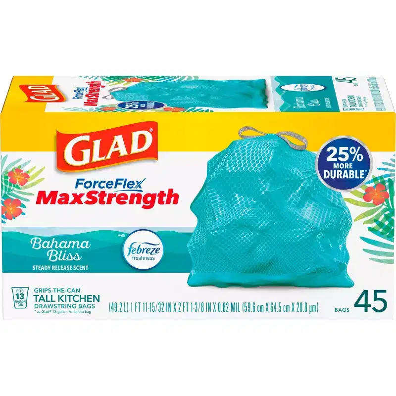 Glad ForceFlex MaxStrength Bahama Bliss Drawstring Trash Bags - Febreze Freshness - 13gal - 45ct: Extra Strong Gripping Handles, Tall Kitchen Size