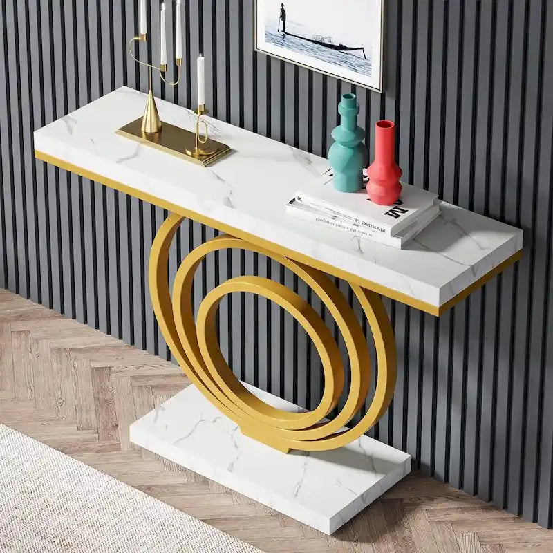 41-Inch Gold Entryway Table, Modern Console Table Accent Table for Living Room, Hallway, Entrance, Faux Marble Veener Top