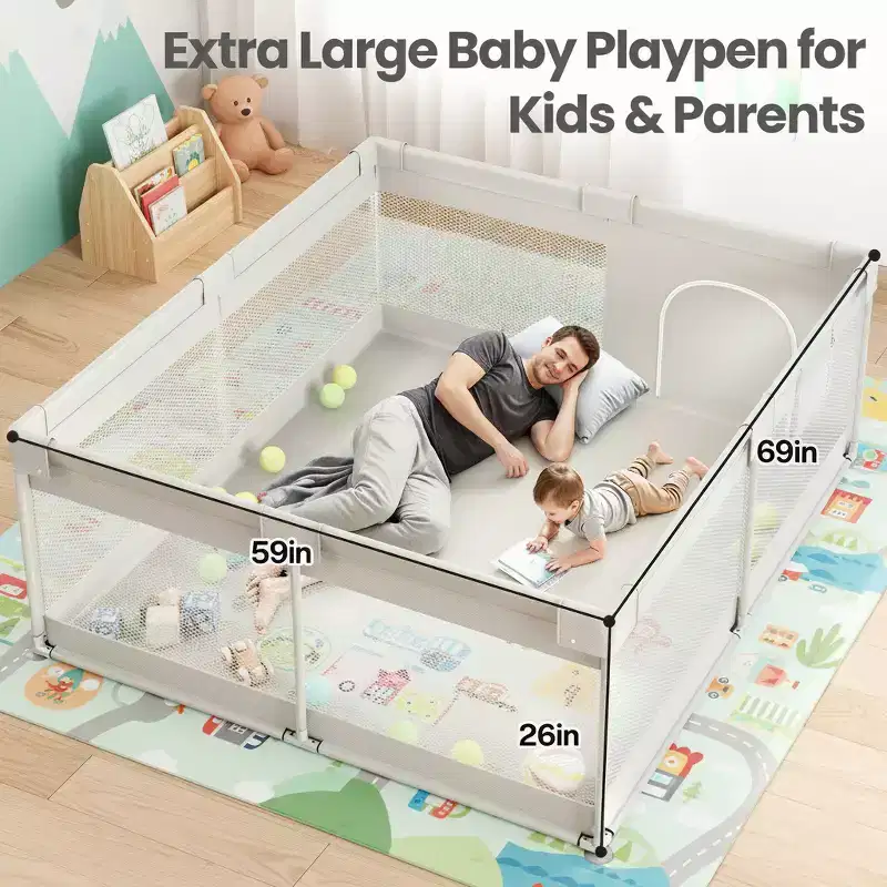 Extra Large Baby Playpen with Gate  Indoor Toddler Play Yard & Kids Play Area Fence, Sturdy Gray 6959x26in