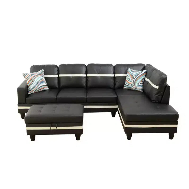Modern Elegance Black & White Semi-PU Leather Sectional Sofa Set - L-Shaped Design, Thick Padding, Matching Ottoman