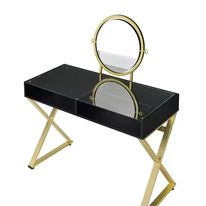 Okak Elegent Vanity Desk with X-Shape Legs and Jewelry Tray, Makeup Vanity with Round Mirror, Dressing Table for Living Room, Bedroom, Black+Gold