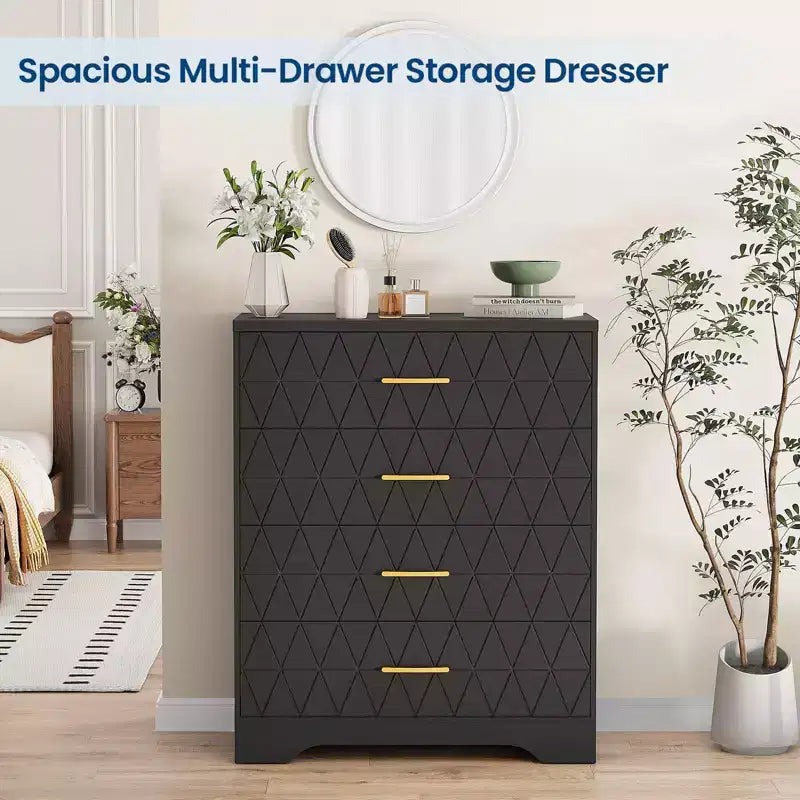 4-Drawer Tall Wood Dresser with Gold Handles, Modern Storage Chest with Wide Top for Bedroom, Closet, Living Room or Hallway