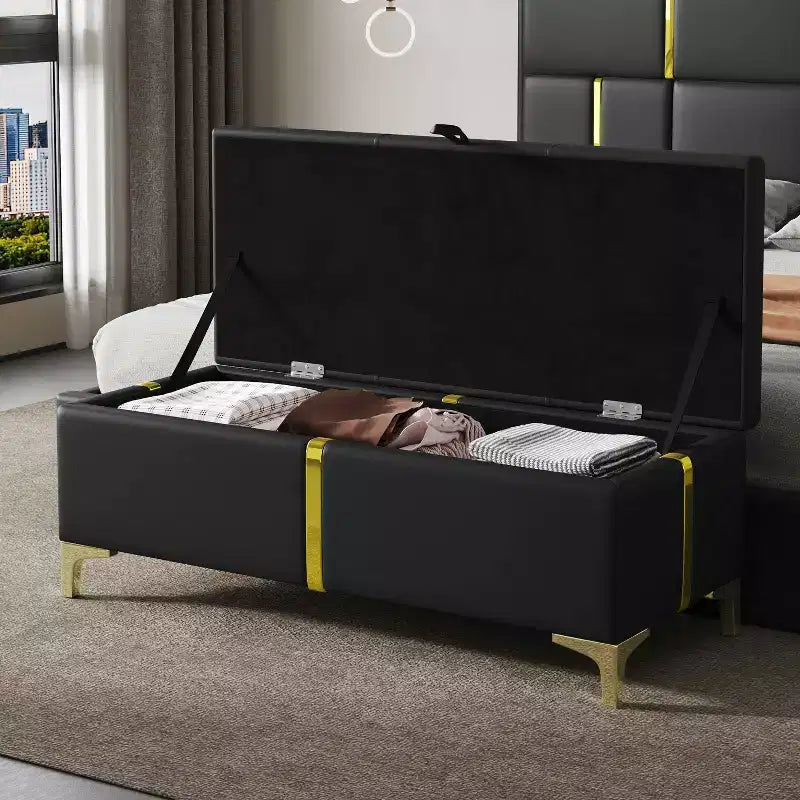 MAYEERTY upholstered Storage Ottoman Storage Bench with Metal Legs for Bedroom Black