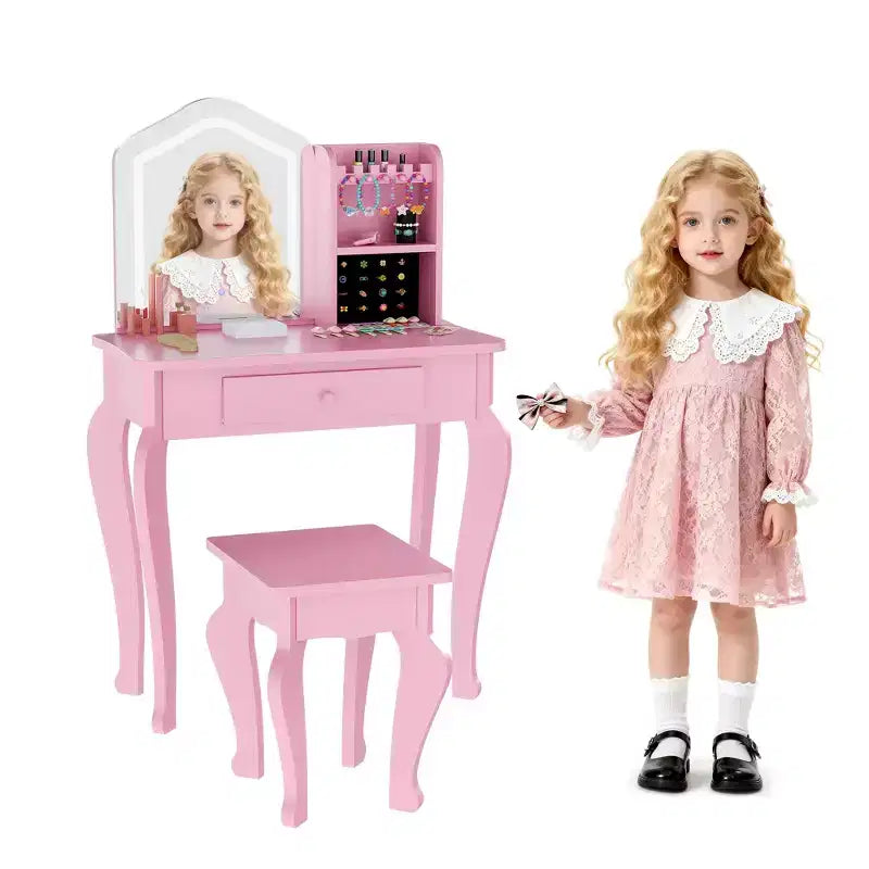 Kids Vanity Table with Lighted Mirror and Stool, Pretend Makeup Dressing Set with Storage for Girls Ages 38