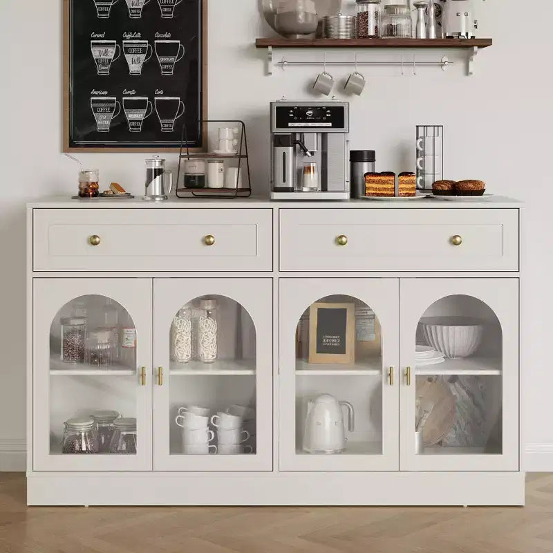 Heynemo Sideboard, Sideboard with Adjustable Shelves & 4 Doors, Kitchen Storage Sideboards with 2 Drawers, Wood Coffee Bar Table, White