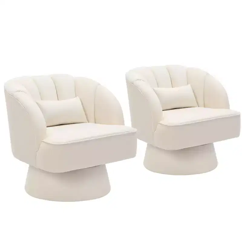 Modern Swivel Barrel Accent Chair, 360 Degree Velvet Upholstered Armchair with Striped Backrest & Plush Padding, Comfy Round Lounge Chair 2 PCS