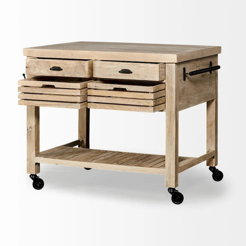 Rolling Solid Wood Kitchen Island with Black Iron Hardware, 46