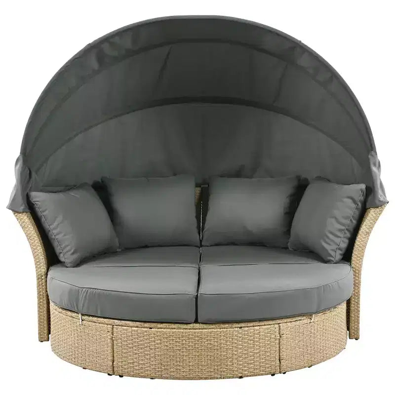 Outdoor Daybed, Round Sofa with Cushions, 4 Pillows, Zippers Cushion Covers, Iron Frame, Retractable Canopy for Garden, Backyard, Lawn, Porch