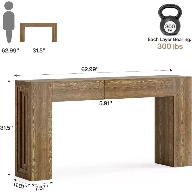 Lantine 63-Inch Long Console Table, Farmhouse Narrow Sofa Table for Living Room, Entryway, Hallway, Foyer, Natural Brown