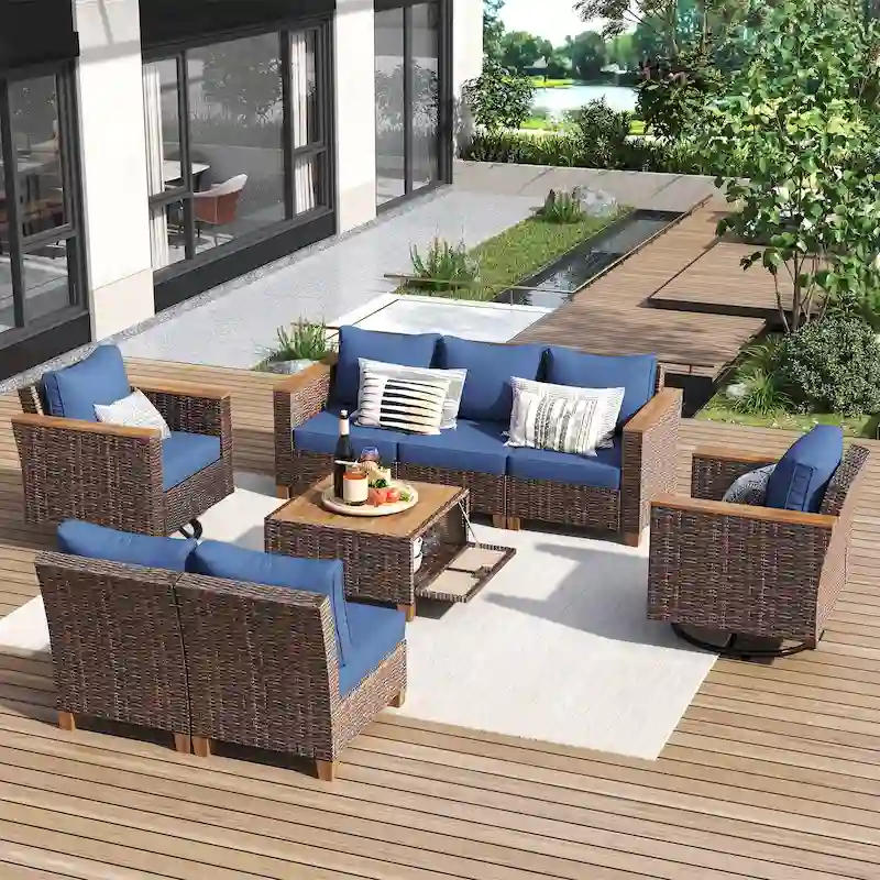 Outdoor 8-Piece Wicker Conversation Sectional Sofa Set with Swivel Chairs & Storage Table
