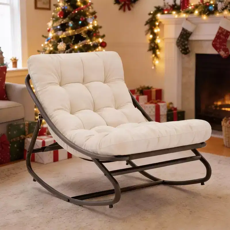 Oversized Papasan Rocking Chair C White Indoor/Outdoor Egg Chair with Thick Cushion (450 lbs Capacity) for Living Room, Patio & Garden