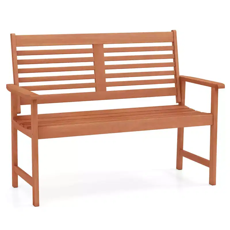 Costway Patio Solid Wood Loveseat with Inclined Backrest & Slatted Seat Teak Painting