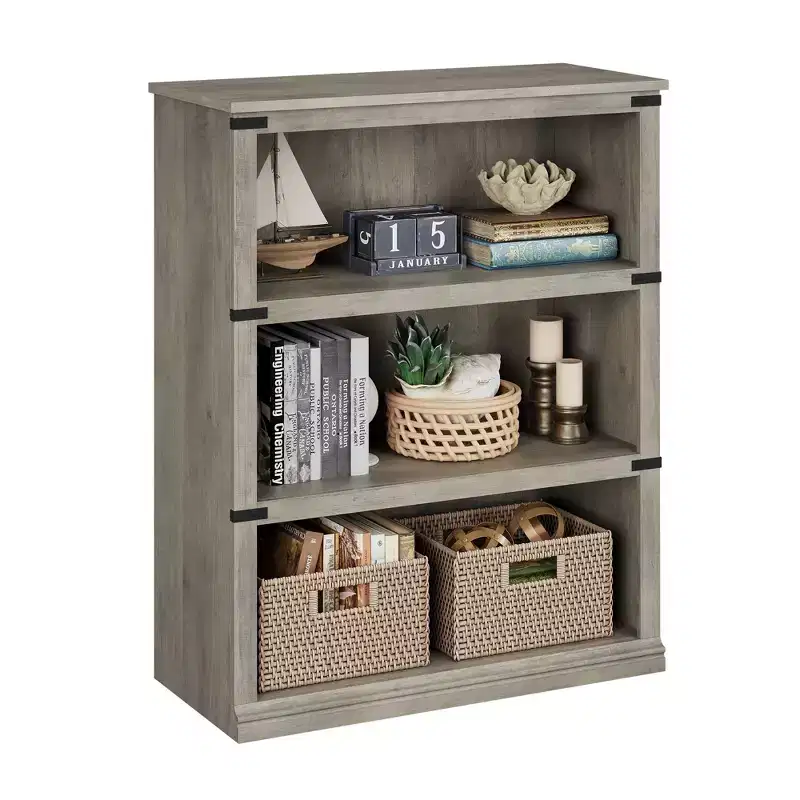 Gray 67.4 Tall Farmhouse Style 3 Tier Wooden Book Shelf/ Bookcase with 3 Large Open Storage for Living Room, Home, Office