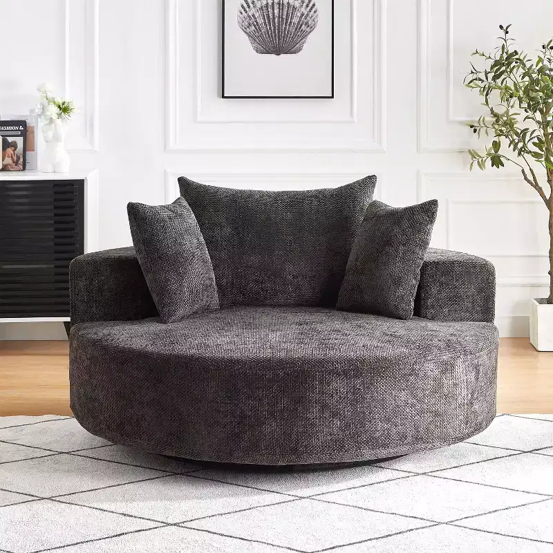 55 inch Black Chenille Foam Single Swivel Chair for Living Room Bedroom Lounge and Projection Room