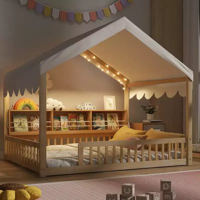 Full Size Wooden Floor Bed Frame, House-Shaped Daybed with Fense, 3 Storage Bookshelves, Curtain