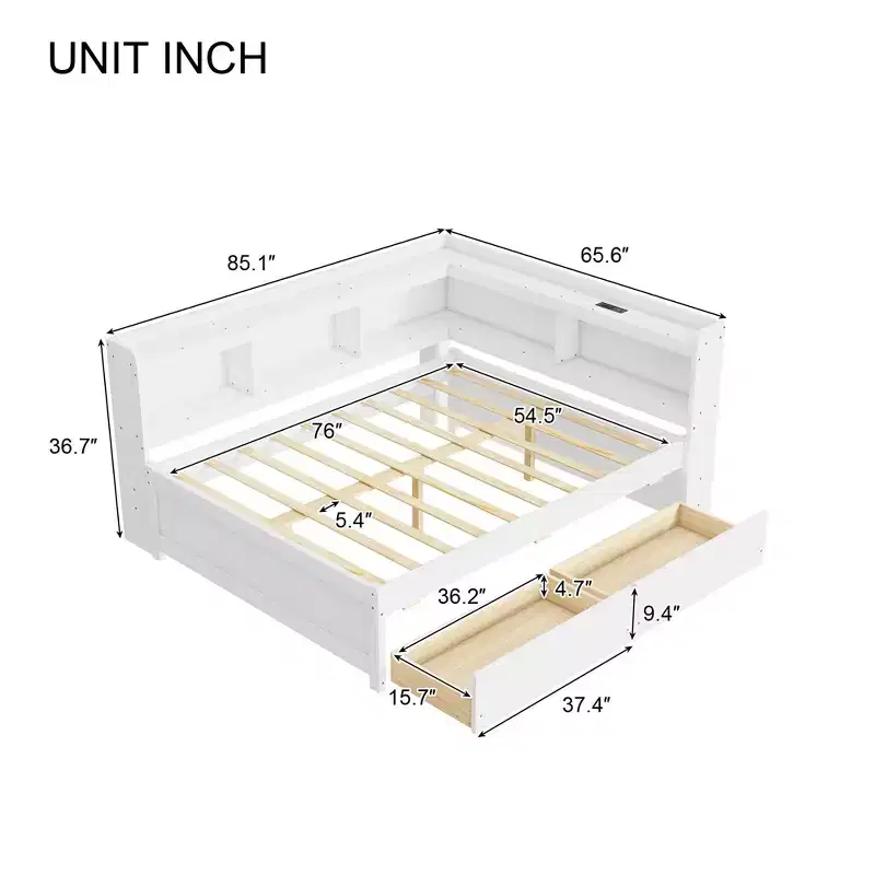 Luxystar Full Size L-shaped Bookcases Bed with Power Outlets, USB Charging Ports and 2 Drawers