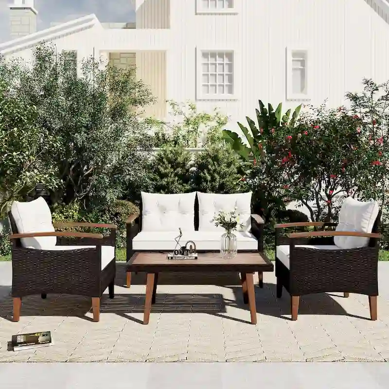 4-Piece Garden Furniture, Patio Seating Set, PE Rattan Outdoor Sofa Set, Wood Table and Legs, Water-Resistant