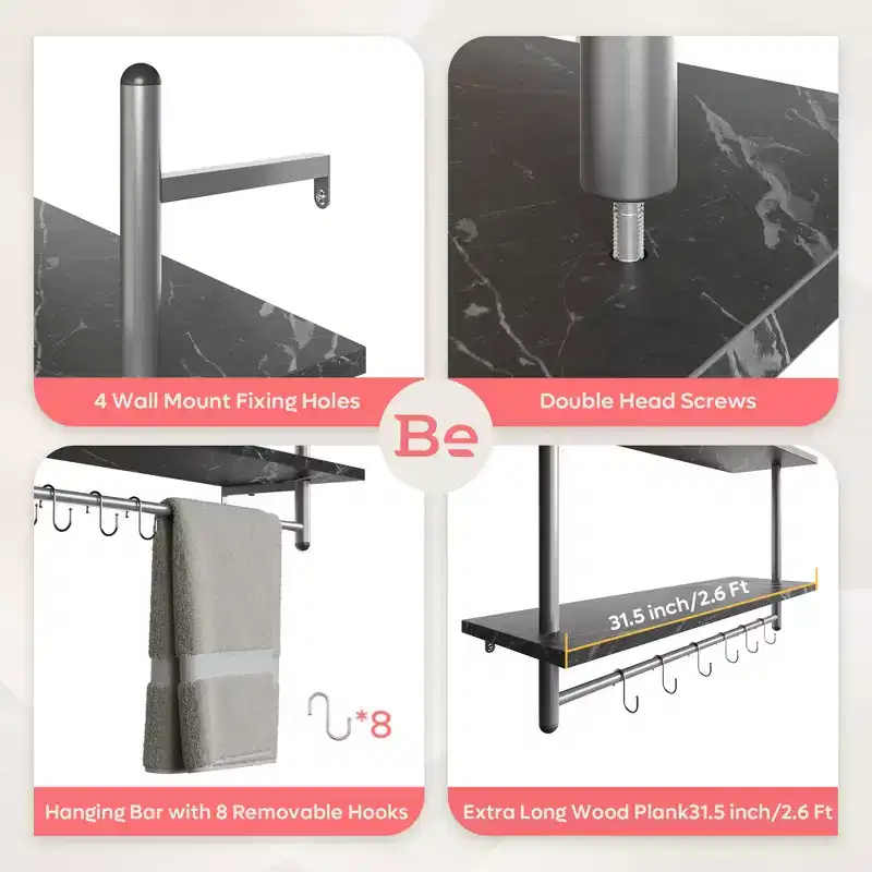 Bestier Industrial 2-Tier Wall-Mounted Bookshelf Plant Stand Shelf Baker's Racks with 8 S-Hooks
