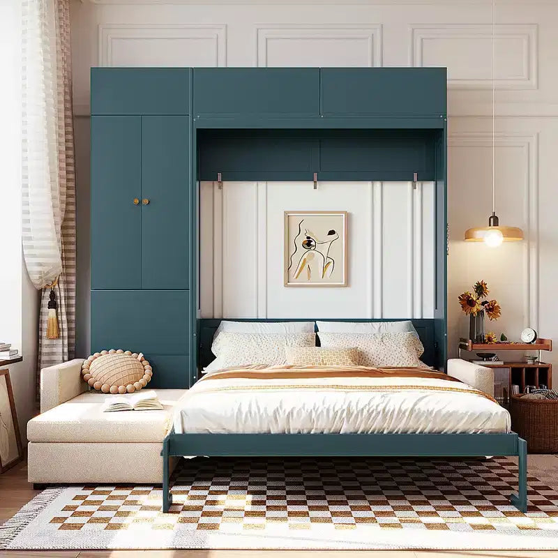 Whisen Queen Murphy Bed Wall Bed & Bed Frame with Beige Sofa and Shelves, Green Panel