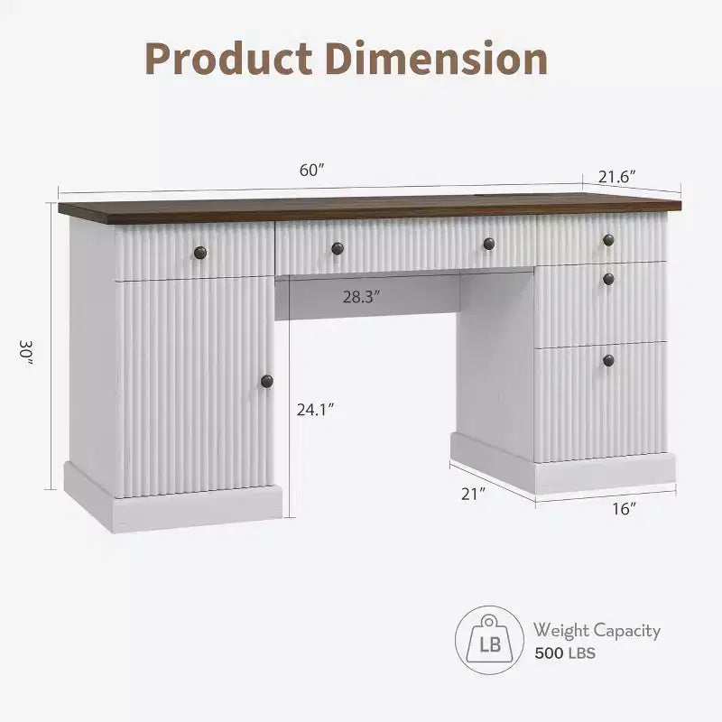 60 Fluted Modern Office Desk with Storage  Charging Station, Drawers for Files, Writing Desk for Study, Living Room