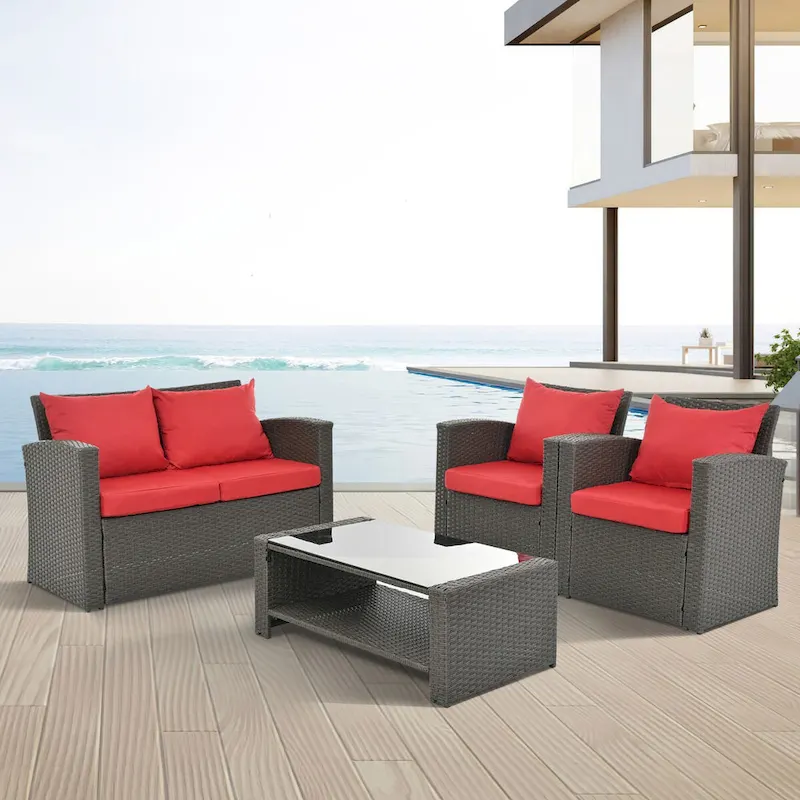Red 4-piece Outdoor Patio Furniture Conversation Set