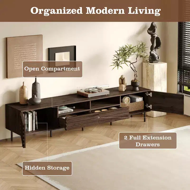 78 TV Stand for TVs up to 85, TV Console Media Console Brown TV Cabinet Media Entertainment Center with Slatted Soft-close Door - ModernLuxe