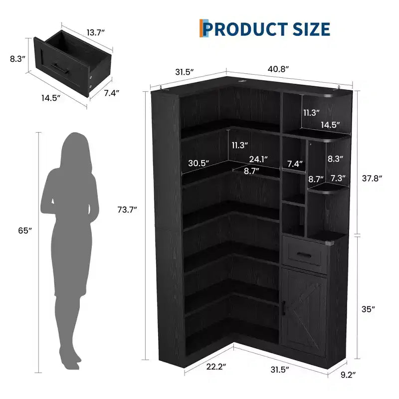 74 Tall Corner Bookshelf  6-Tier L-Shaped Bookcase with Drawer & Cabinets for Home/Office