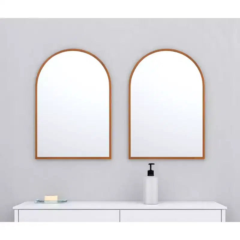 HomeRoots Set of Two Walnut Arch Wood Framed Bathroom Vanity Mirrors