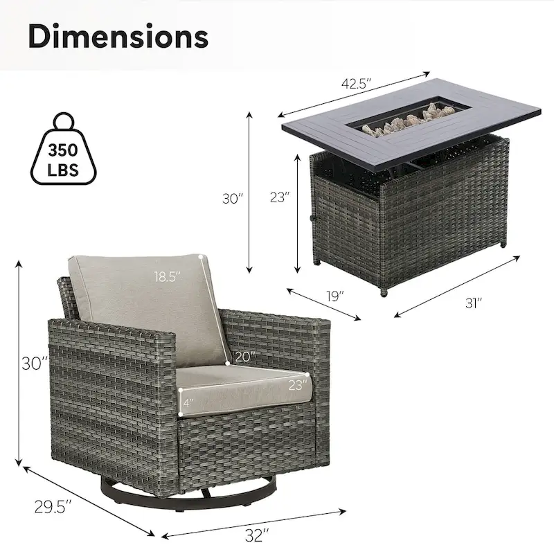 Outside Sofa Set with Grey Wicker Fire Pit Table - Grey Wicker Sofa Chair w/ Grey Wicker Fire Table