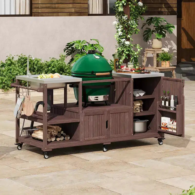 Whisen 75.4 Outdoor Kitchen Island, Solid Wood Grill Cart, Rolling Outdoor Bar Cart with Sink, Egg Grills, Stainless Steel Top