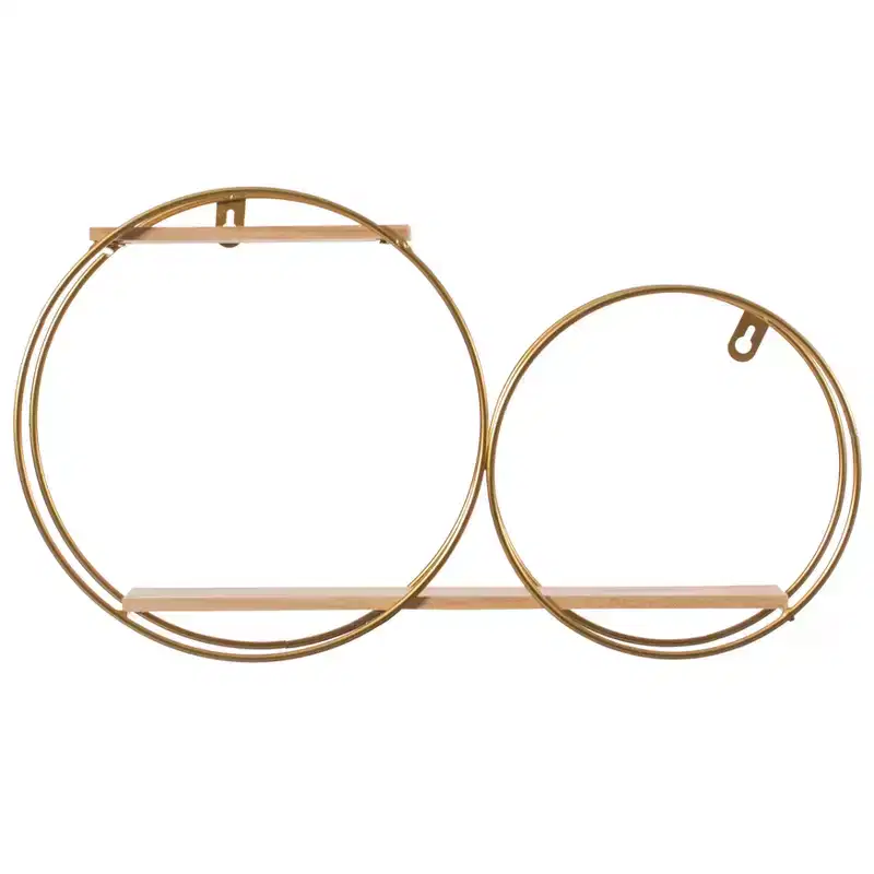 Fabulaxe Tiered Modern Decorative Round Accent Floating Shelf Circle Decor Display Wall Mounted Shelf with Metal Frame and Pine Wood Shelves, Gold