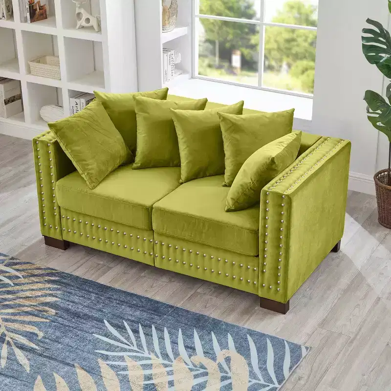 MAYEERTY Modern Sectional Sofas 2+3 Seater Square Armrest with Silver Nails Decor Upholsteres Velvet Couch for Living Room Green
