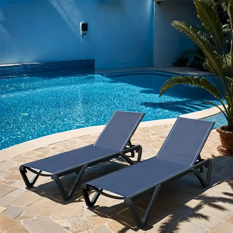 Patio Chaise Lounge with Adjustable Backrest and Wheels (Set of 2) - N/A