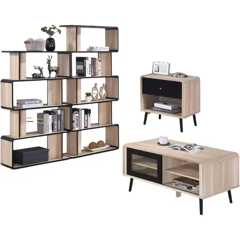 Kings Brand Furniture Nathan 4-Piece Living Room Set with Bookcases, Coffee Table and End Table, Oak/Black