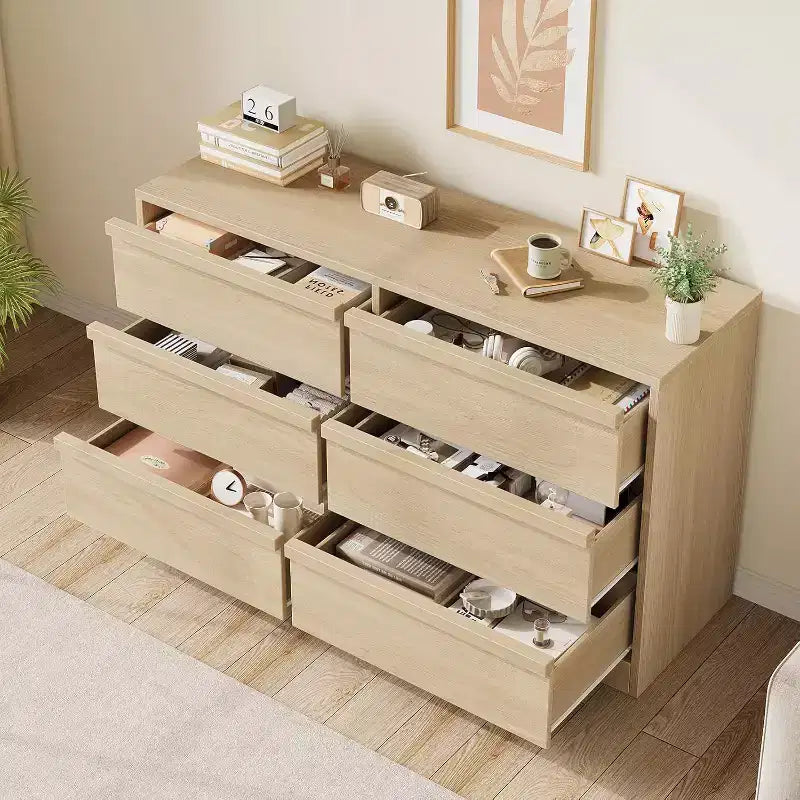 GustoWave 6-Drawer Storage Dresser With Waterproof Top, Natural Oak Finish, For Bedroom Or Entryway