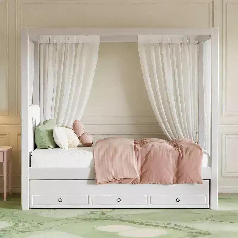 Luxystar Modern Canopy Platform Bed with Upholstery headboard, Trundle and 3 Drawers, Beige
