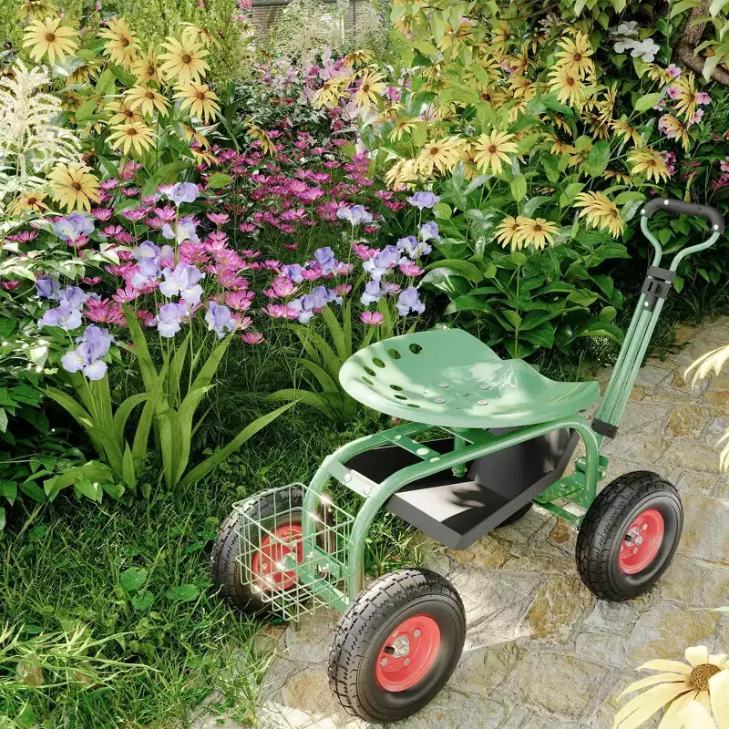 Garden Rolling Stool with Wheels - 360 Swivel Gardening Cart with Tool Storage & All-Terrain Tires