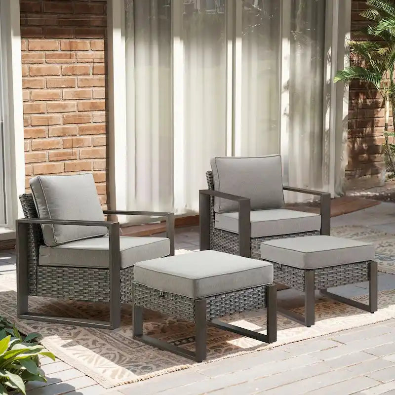Gymojoy 2PCS PE Wicker Dining Chairs with 2 Ottomans - Grey