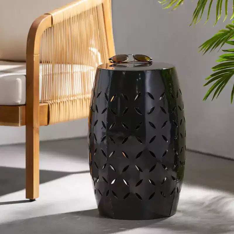 TUYOHW Outdoor End Table with Iron Cut Design Cylinder Patio Accent Side Table with Leaves Pattern Metal Sofa Table for Garden, Balcony, Porch