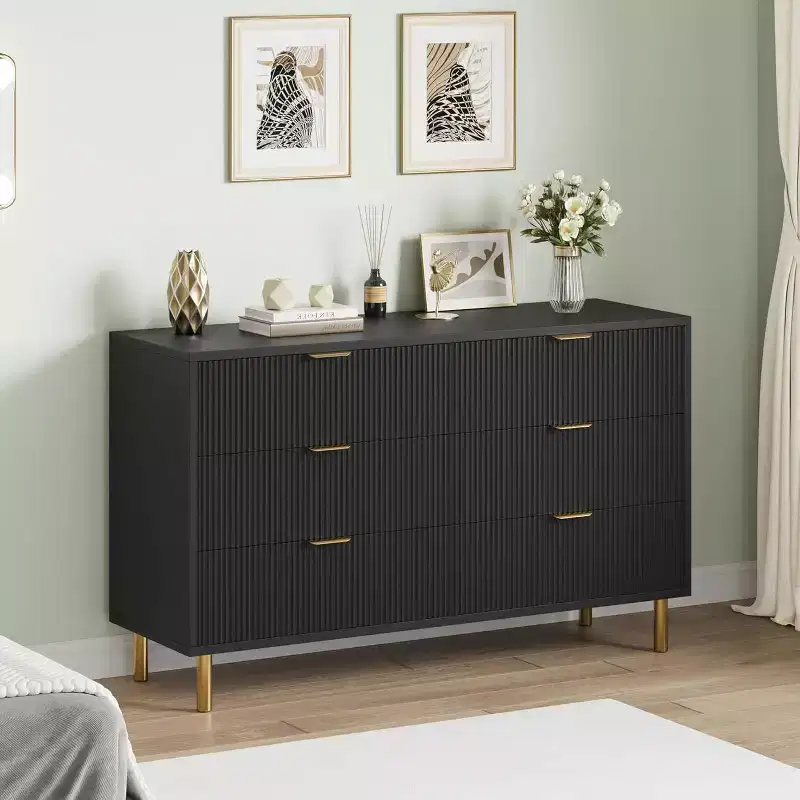 Modern 6-Drawer Dresser with Gold Handles and Fluted Panels, Spacious Storage