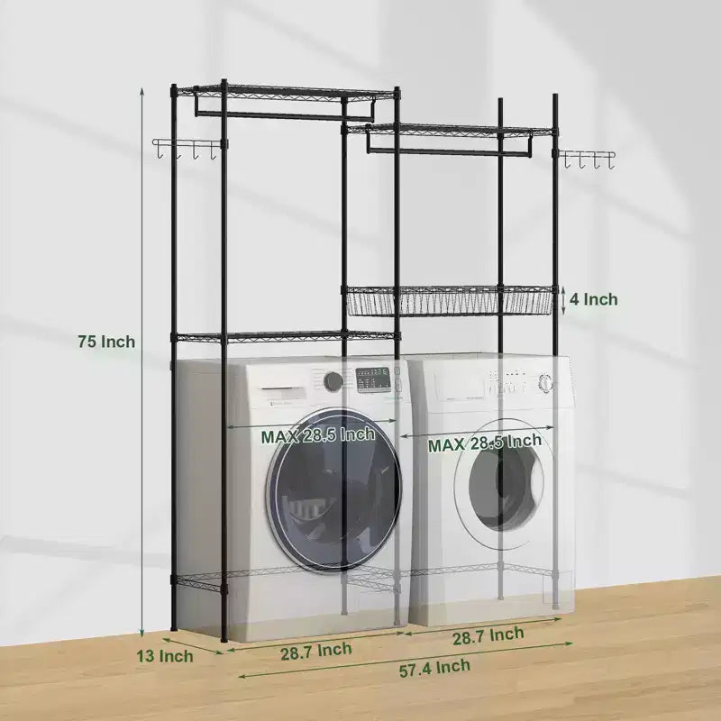 Over Washer and Dryer Shelves, Laundry Room Clothes Drying Rack, Storage and Organizer Shelf, Adjustable Height Wire Shelving and Wire Basket