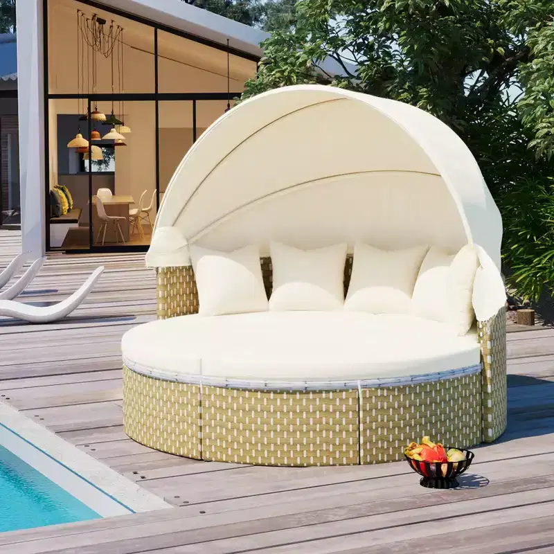 Round Outdoor Patio Sectional Sofa Set Rattan Daybed Two-Tone Weave Sunbed with Retractable Canopy, 4A -ModernLuxe