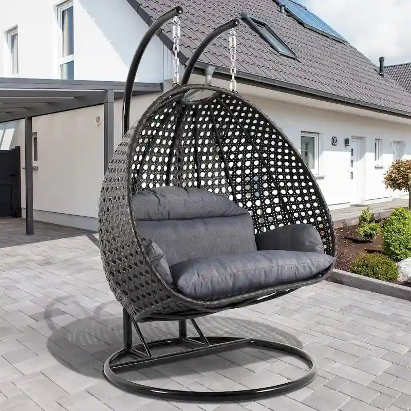 LeisureMod 2 Person Hanging Egg Chair with Stand - Outdoor/Indoor Rattan Wicker Patio Swing Hammock Lounger with Cushions