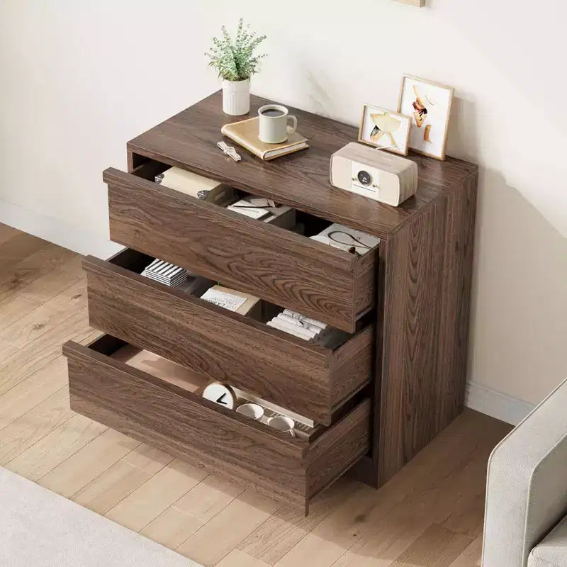 3 Drawer Walnut Nightstand for Bedroom, 30in Tall Small End Table with Large Storage & Anti-Tip Design