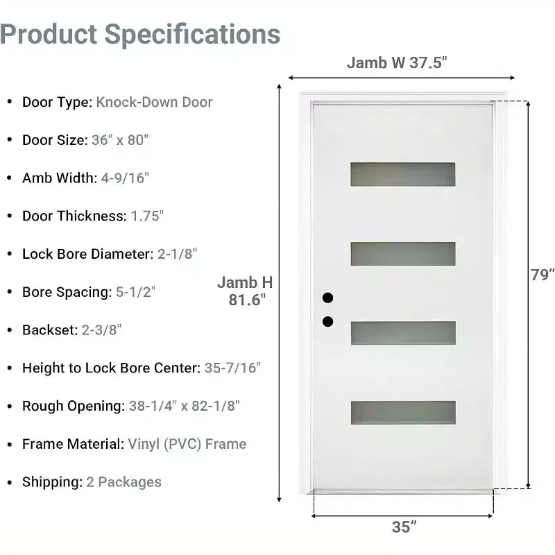 MooxvMoo 36x80 Inch Fiberglass Entry Door, Right Hand Inswing, White Primed DIY Color Exterior Doors with 4-9/16 Frame